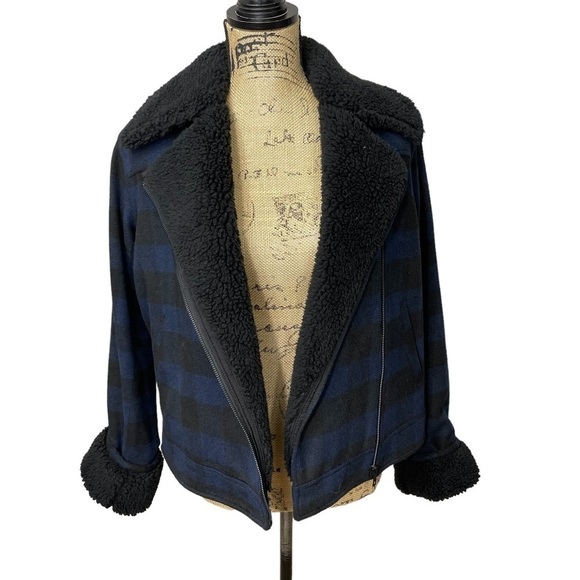 Treasure & Bond Nordstrom Check Jacket Faux Sherpa Navy and Black Size XS - Picture 4 of 12